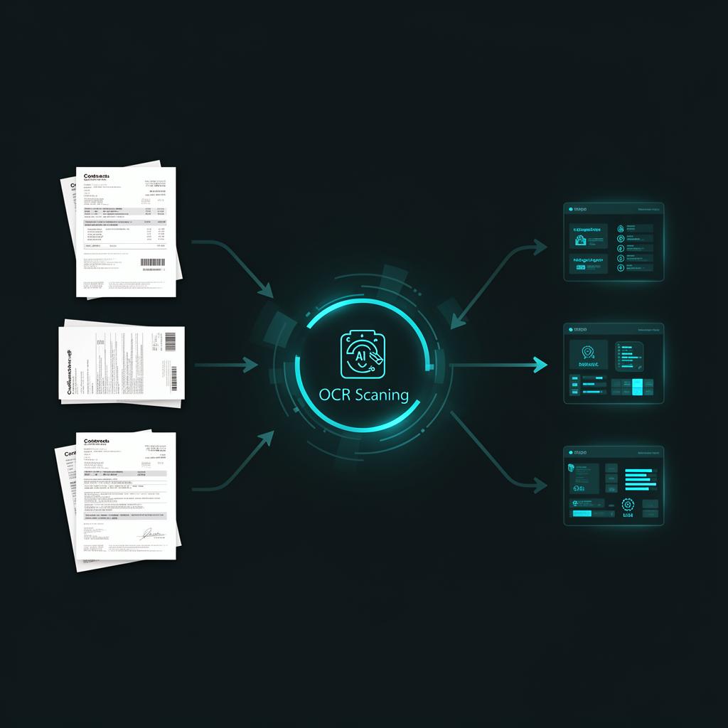Dokumentų skaitmeninimo procesas – popieriniai dokumentai apdorojami AI ir OCR technologijomis į struktūruotus skaitmeninius duomenis